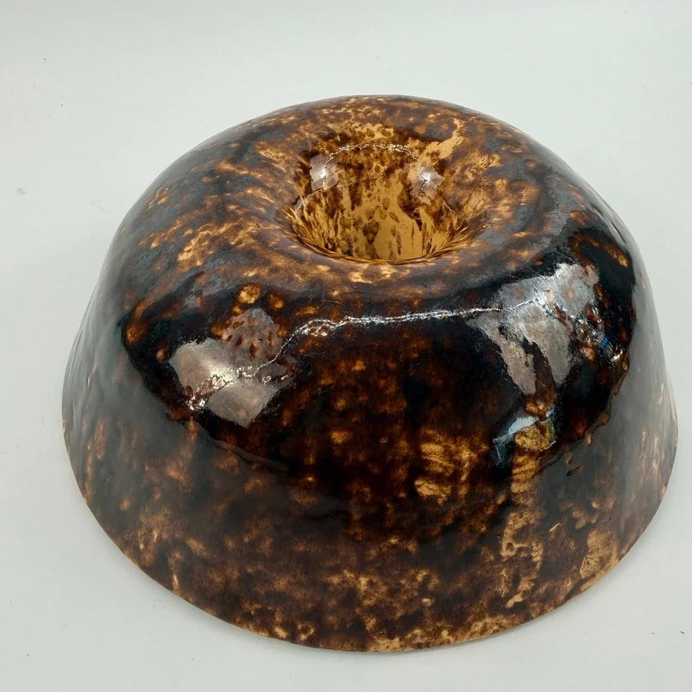 Antique Rockingham Yellowware Fluted Pudding Cake Mold Brown Glaze 8.5